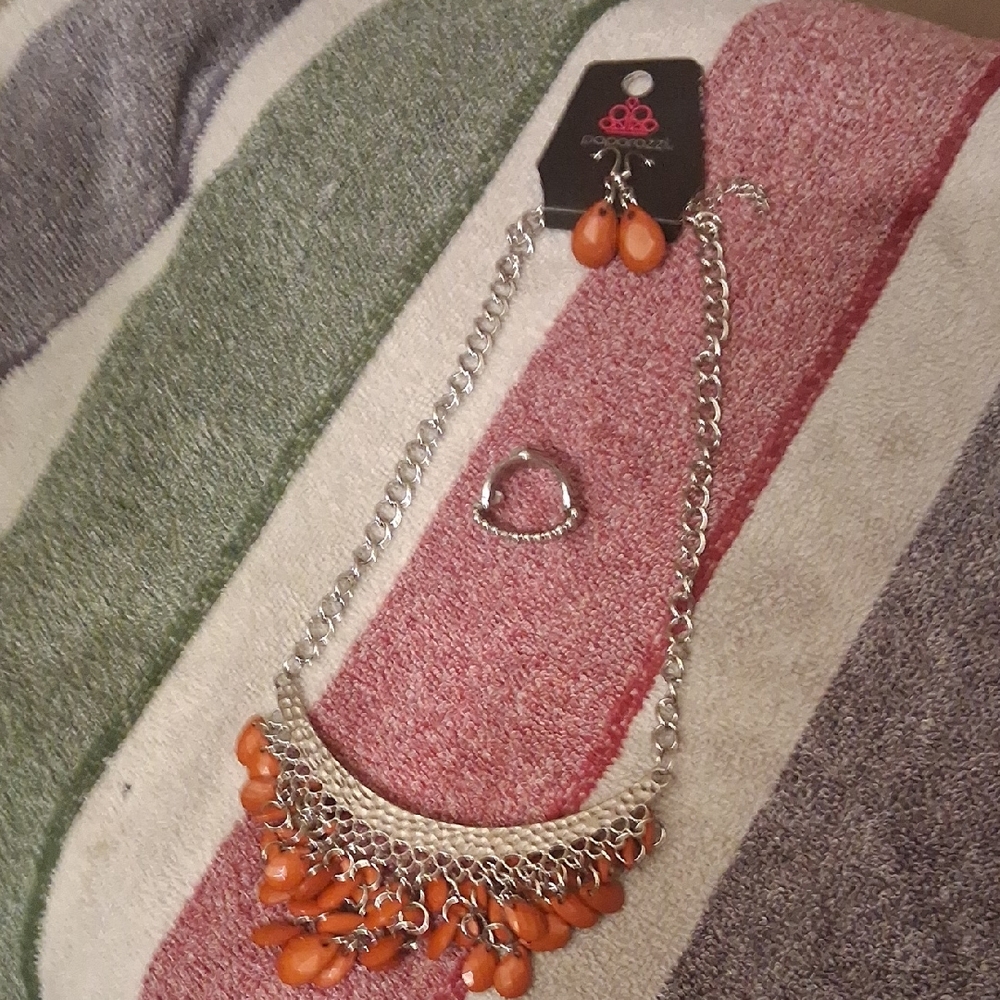 Paparazzi Silver Necklace with Orange Beads